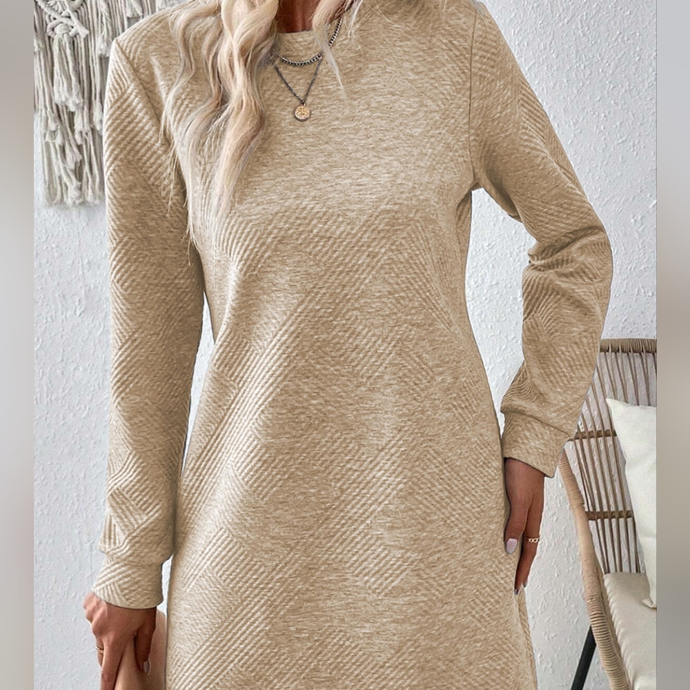 Tan Round Neck Textured Mini Dress - Picture 4 of 5